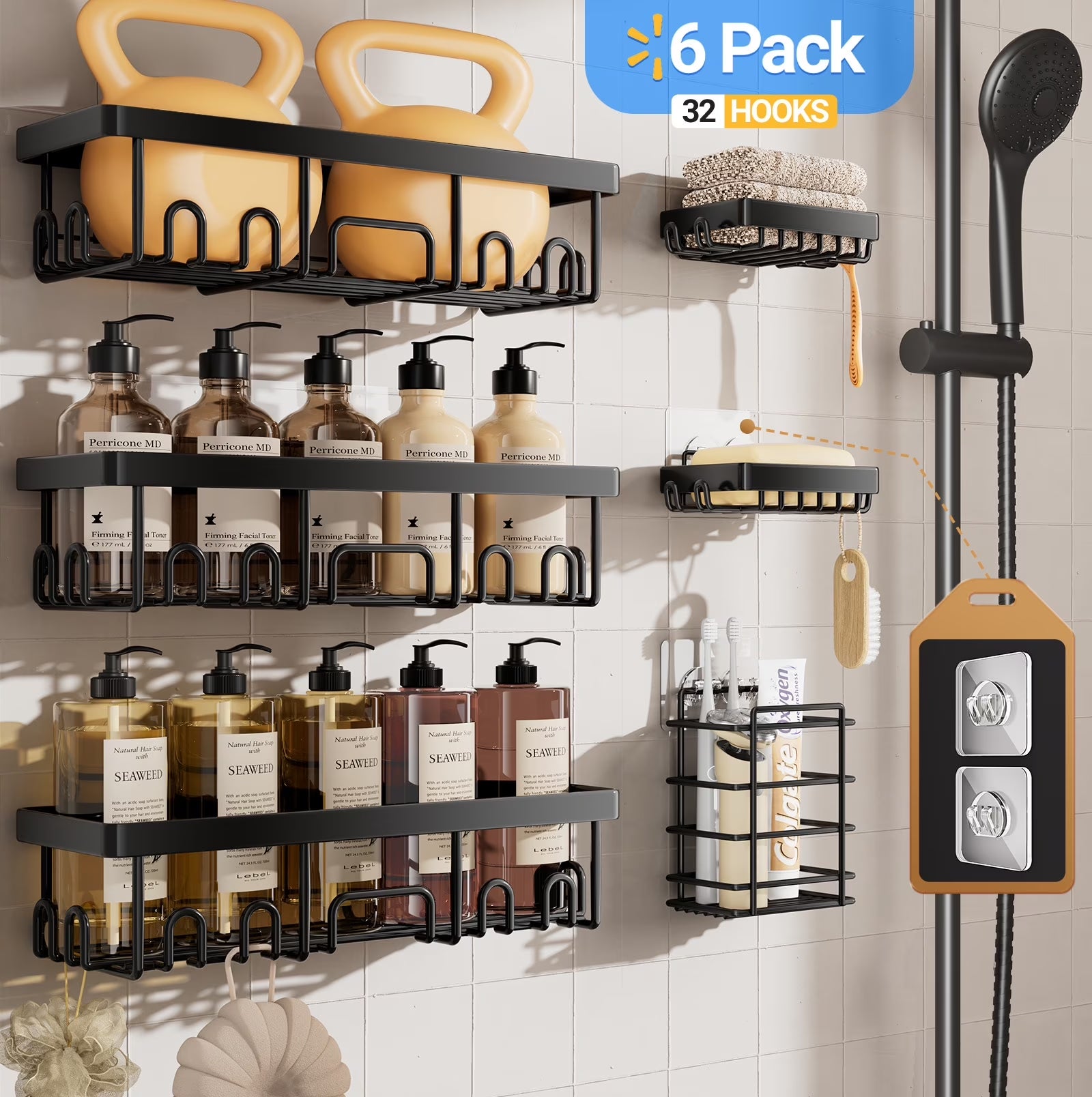 6-Pack Rustproof Waterproof Shower Caddy - No Drill Adhesive Wall Shelves for Heavyweight Storage in Bathroom, Home & Kitchen