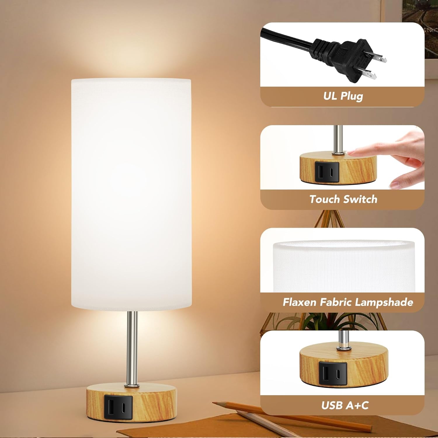 12.8" Touch Control Table Lamp - 3-Way Dimmable Nightstand Lamp with 2 USB Ports & 5000K LED Bulb (2 Pack) - Perfect for Modern Living Rooms!