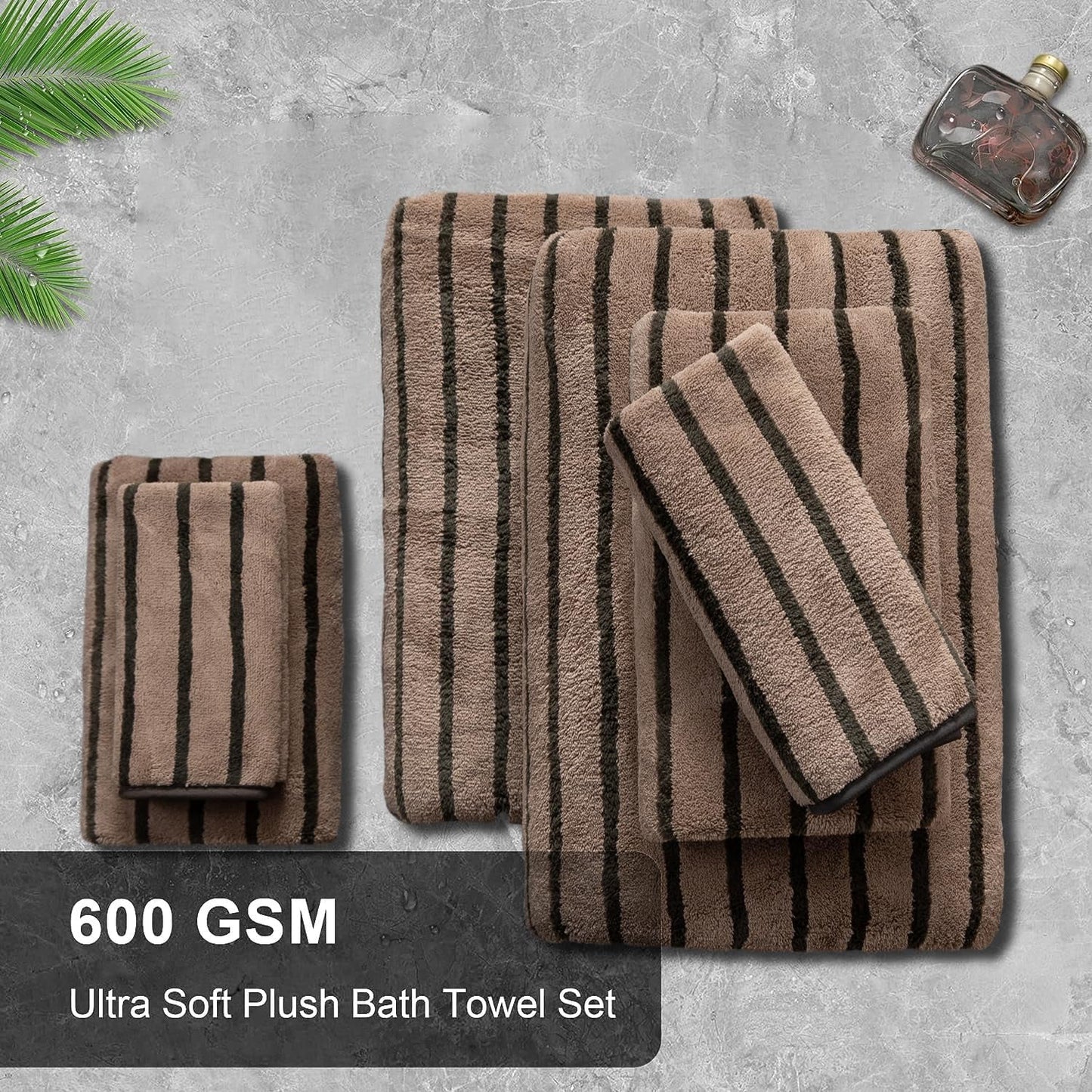 Luxurious  8-Piece Dark Brown Bicolor Stripe Bath Towel Set - Includes Oversized Towels, Hand Towels, and Washcloths