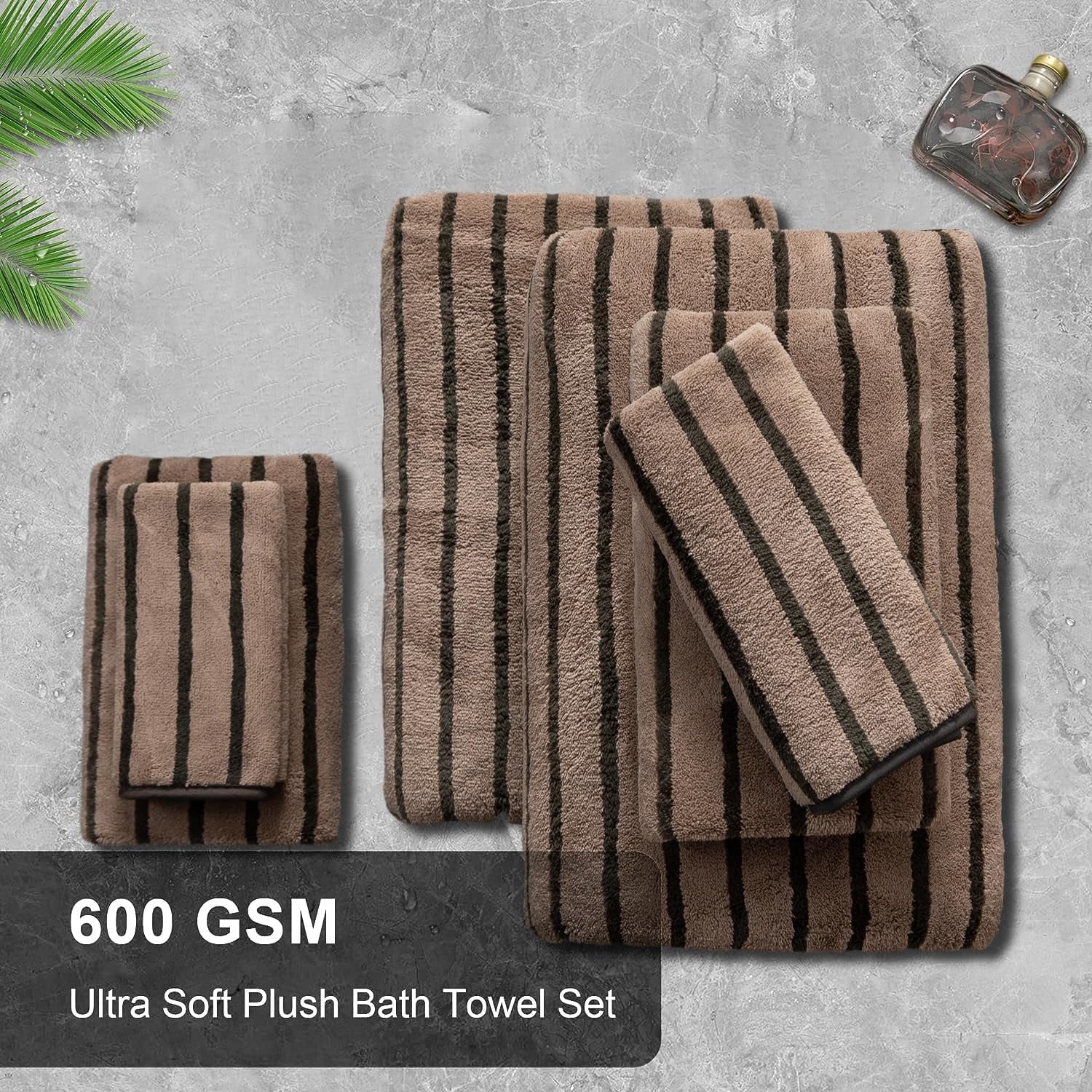 Luxurious  8-Piece Dark Brown Bicolor Stripe Bath Towel Set - Includes Oversized Towels, Hand Towels, and Washcloths
