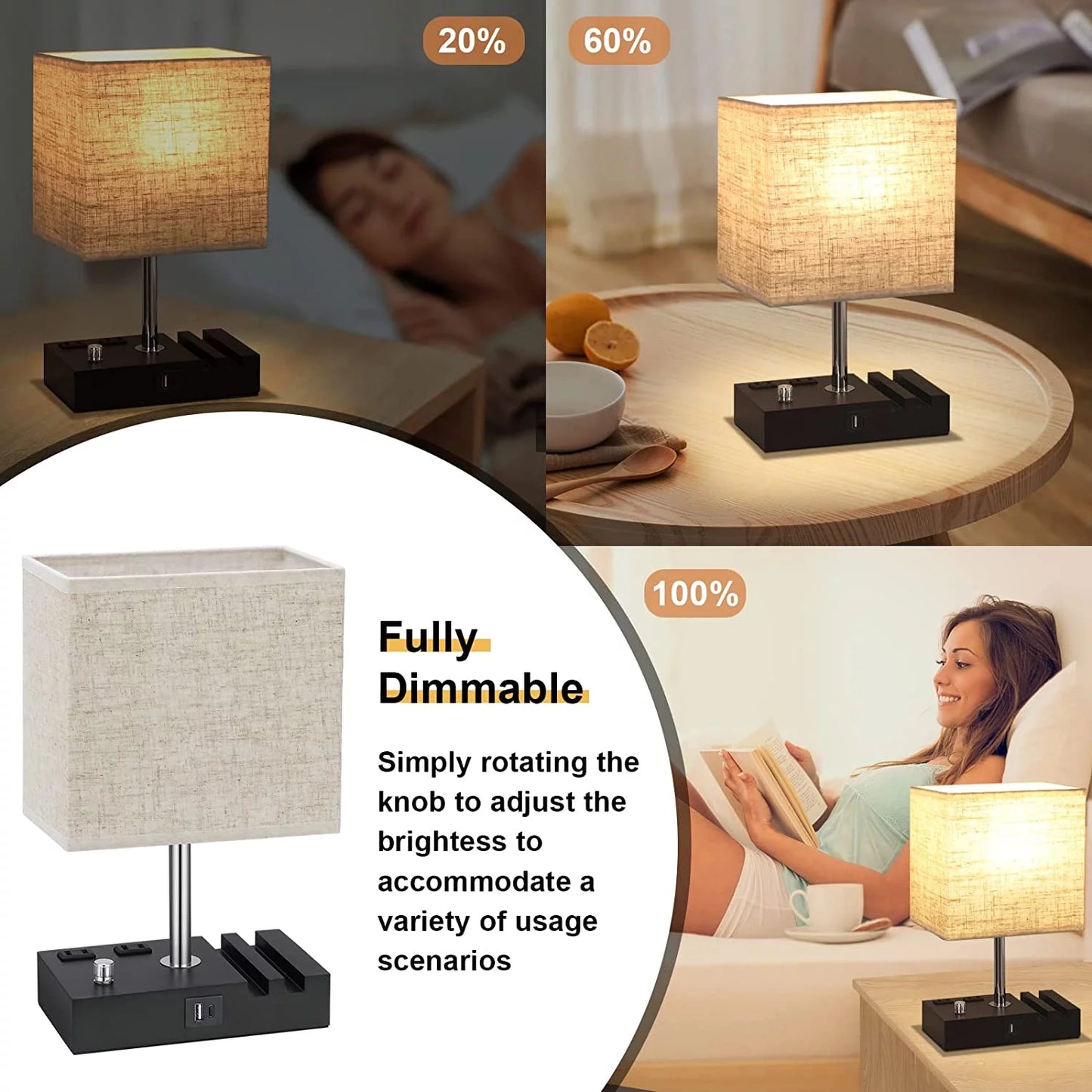 Stylish  Bedside Table Lamp with Dual Fast USB Charging, Fully Dimmable, 2 Phone Stands & Outlets - Perfect for Bedrooms & Living Rooms