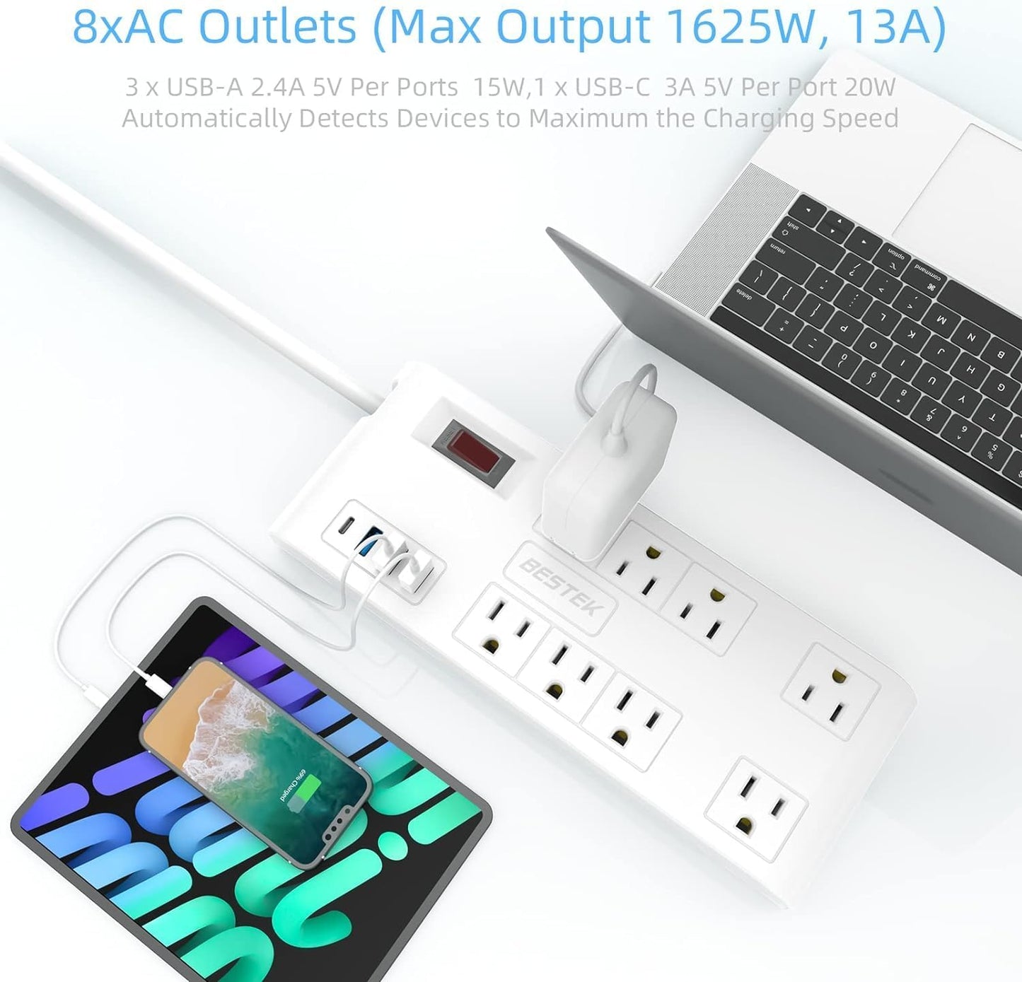 8-Outlet Power Strip with 5ft Extension Cord, 3 USB-A & 1 USB-C Ports, 1625W Max Output, Compact Design for Large Plugs