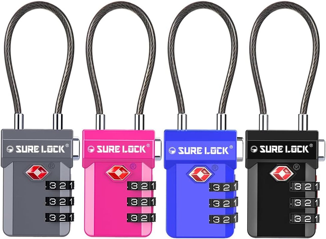 TSA Approved 3-Digit Combination Cable Luggage Locks - Easy-Press Button & Large Dial for Suitcases and Backpacks - Multi-Pack with Color Choices!