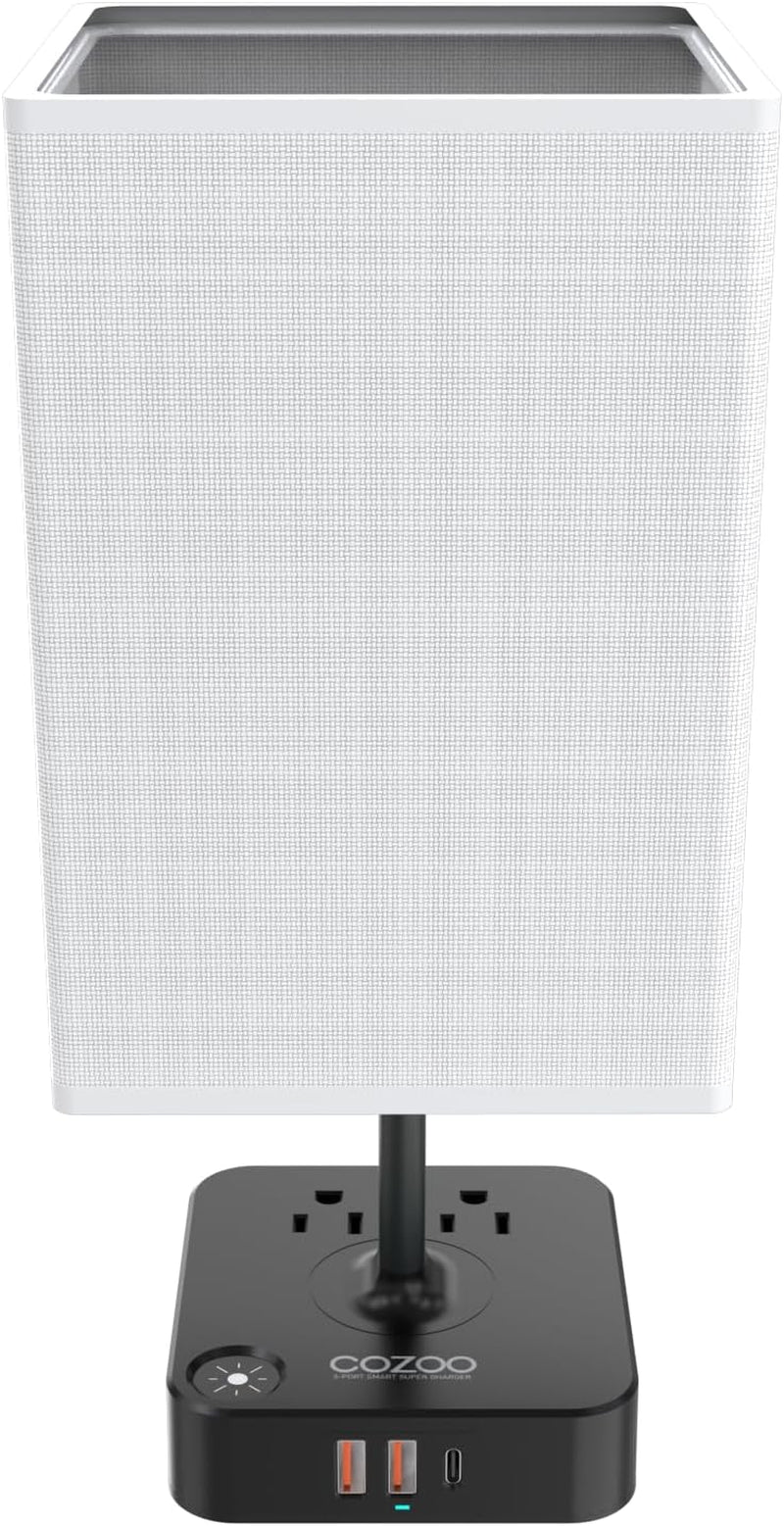 Dimmable USB Table Lamp with 2 Charging Ports & Outlets - Stylish White Fabric Shade for Bedroom, Living Room, Dorm & Home Office