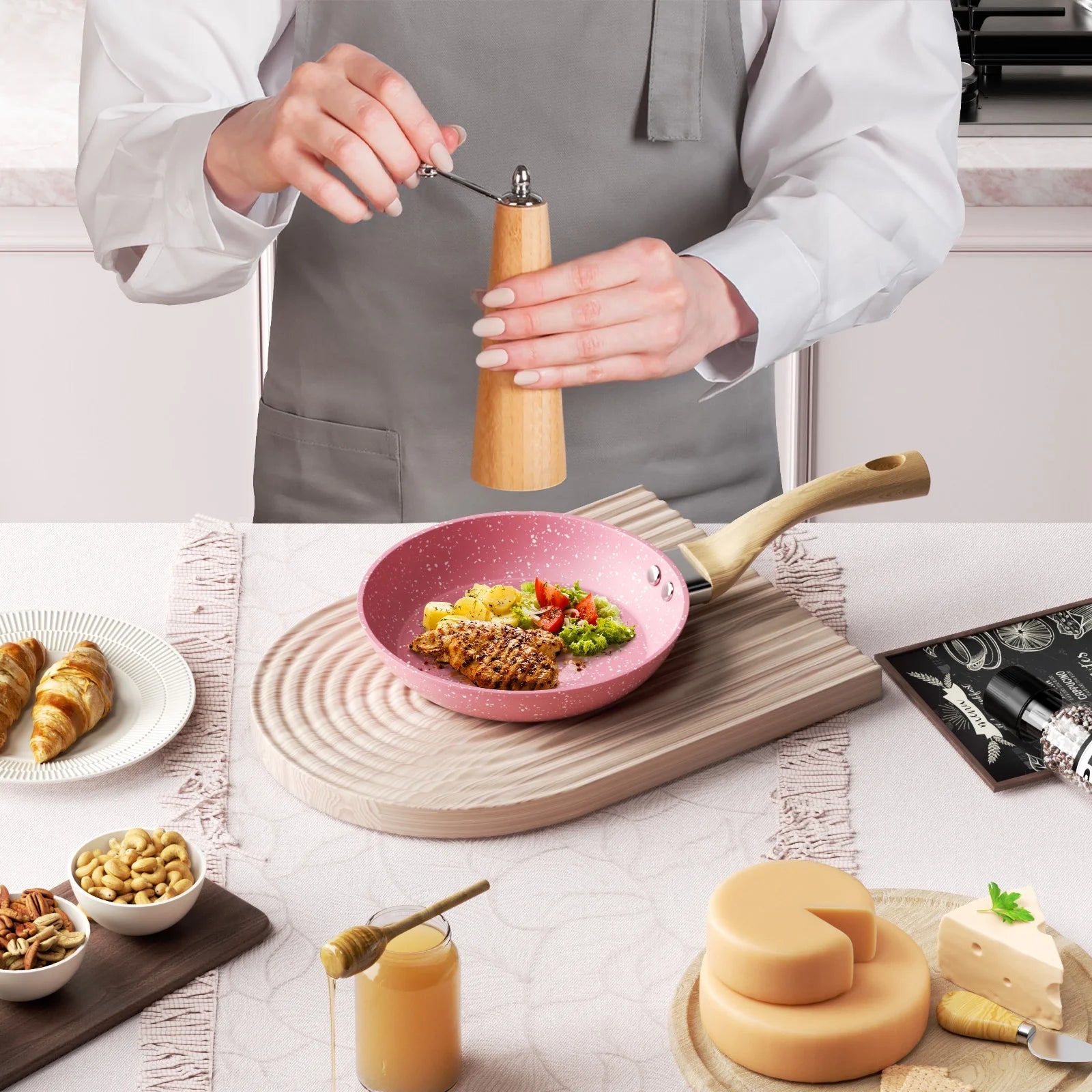 8-Inch Pink Nonstick Granite Frying Pan with Comfortable Bakelite Handle - Versatile for All Stove Types!