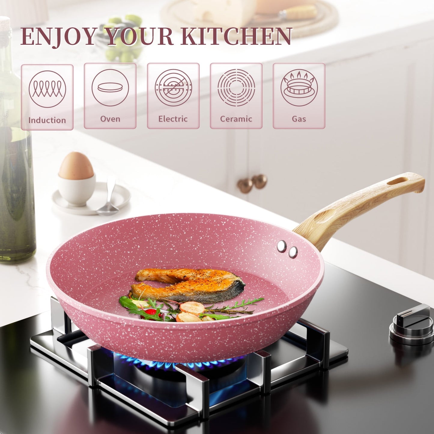 Stylish  6-Piece Nonstick Frying Pan Set in Pink - Includes 8", 9.5", and 11" Pans with Lids