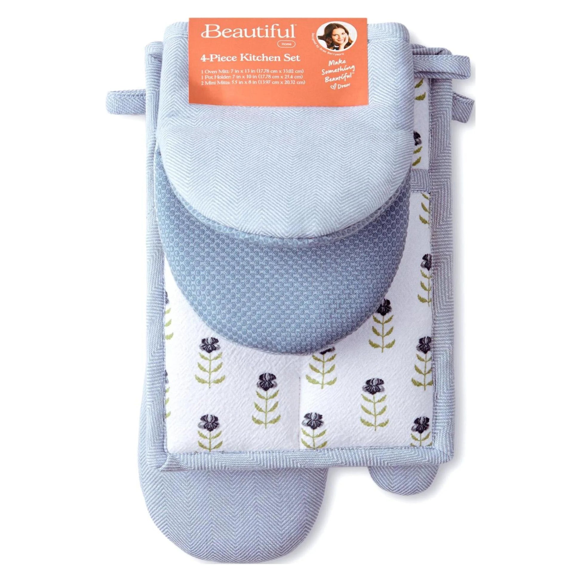 Drew Barrymore  Home 4-Piece Kitchen Set: Stylish Blue Oven Mitt, Pot Holder, and Mini Mitts