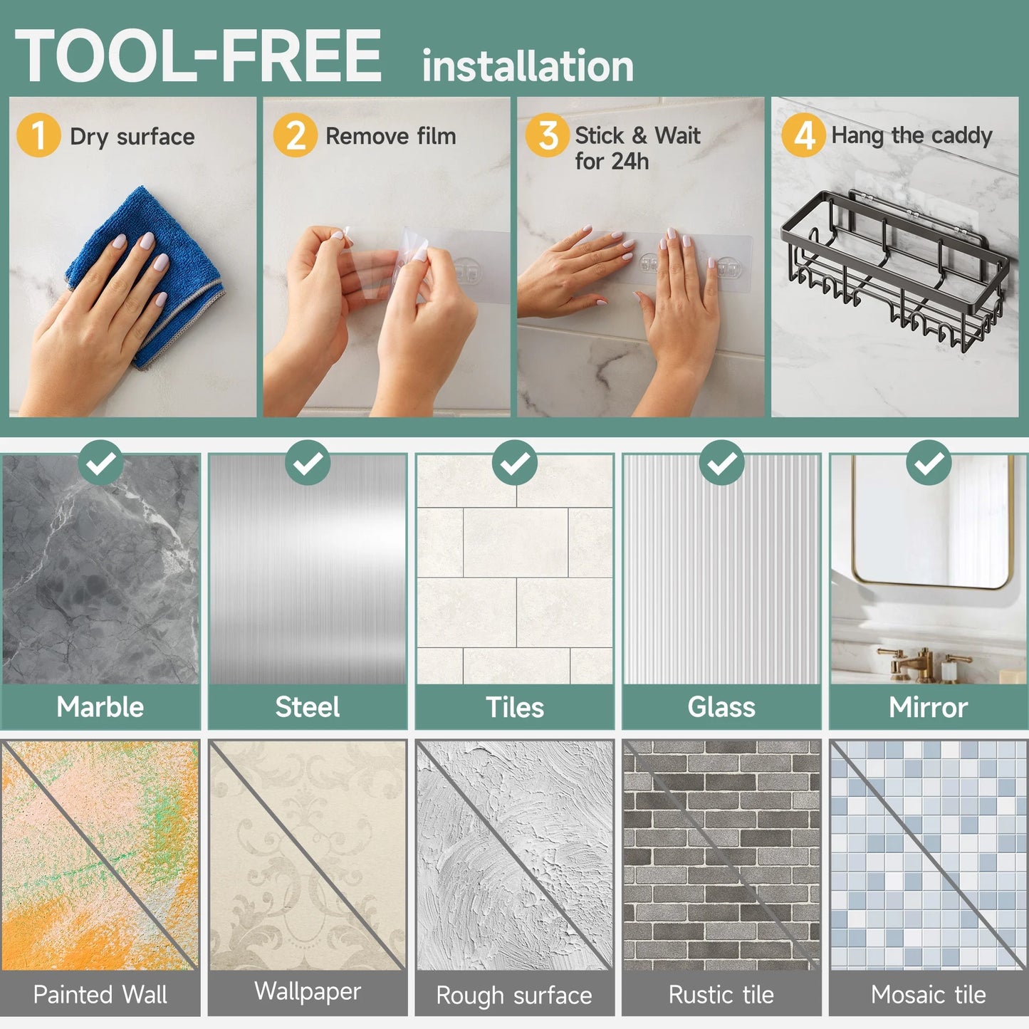 6-Pack Rustproof Waterproof Shower Caddy - No Drill Adhesive Wall Shelves for Heavyweight Storage in Bathroom, Home & Kitchen