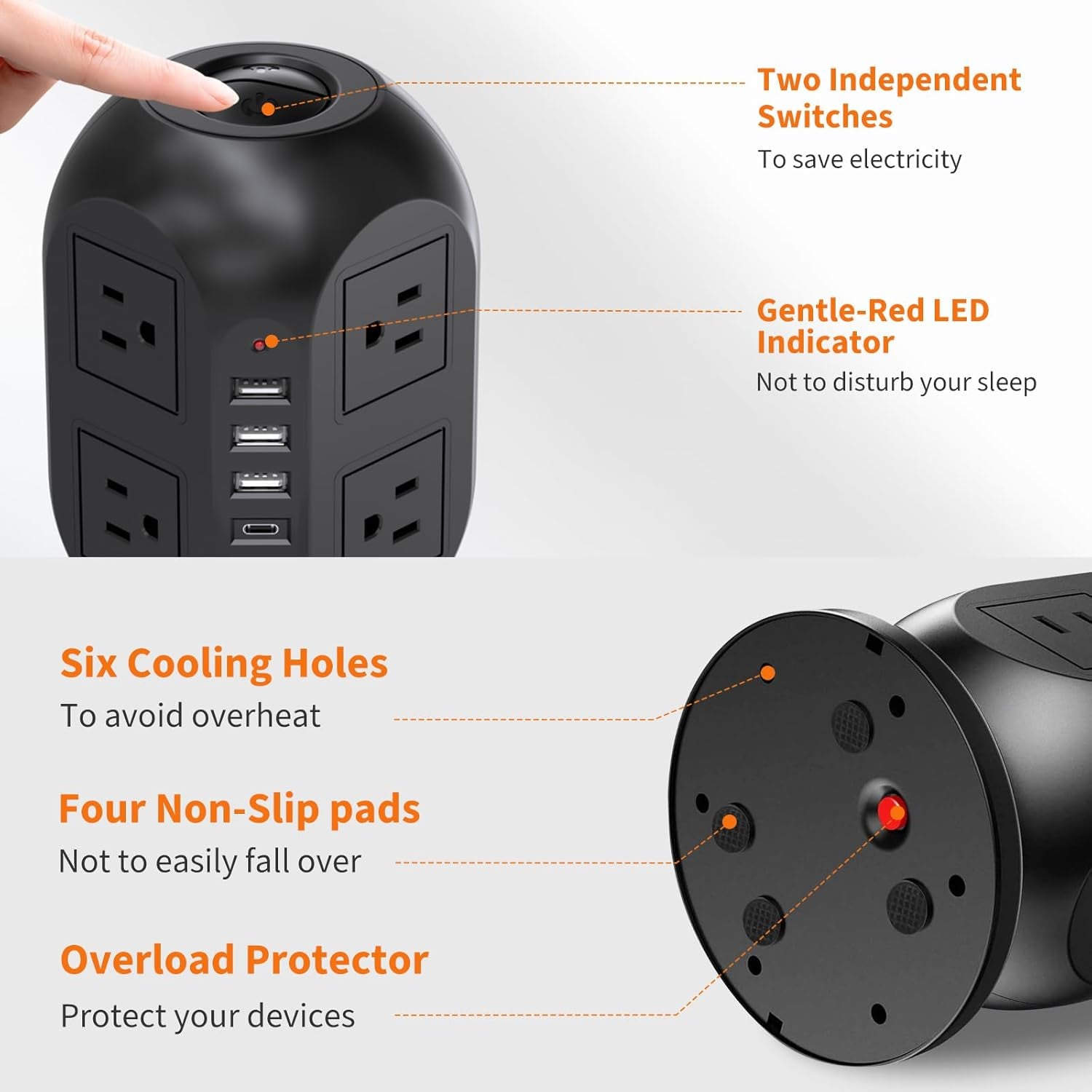 8-Outlet Surge Protector Power Strip Tower with 4 USB Ports (1 USB-C) and 10 Ft Flat Extension Cord - Ultimate Charging Station for Home, Office, and Dorm Essentials - Black