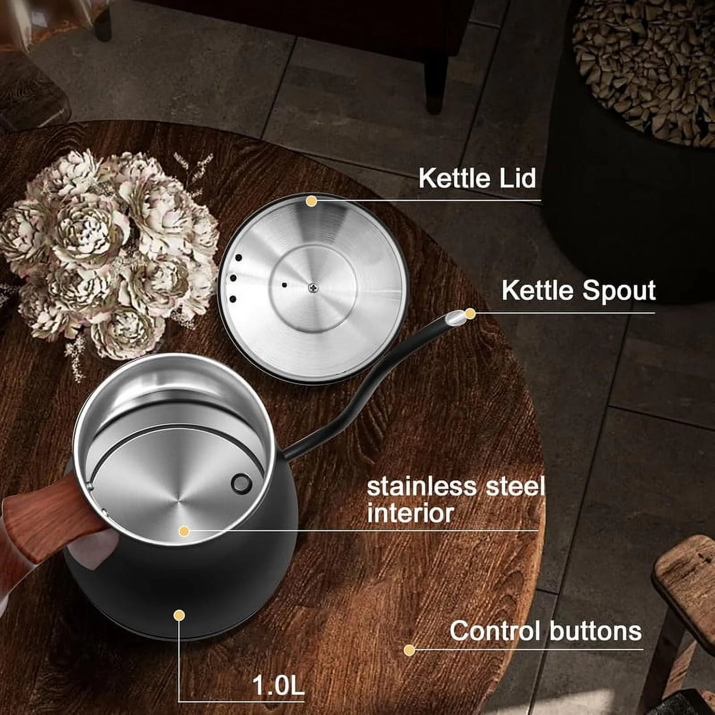 Precision Gooseneck Electric Kettle with ±1℉ Temperature Control - Perfect for Tea & Coffee Brewing, 1200W, 1L Capacity, Four Heating Modes