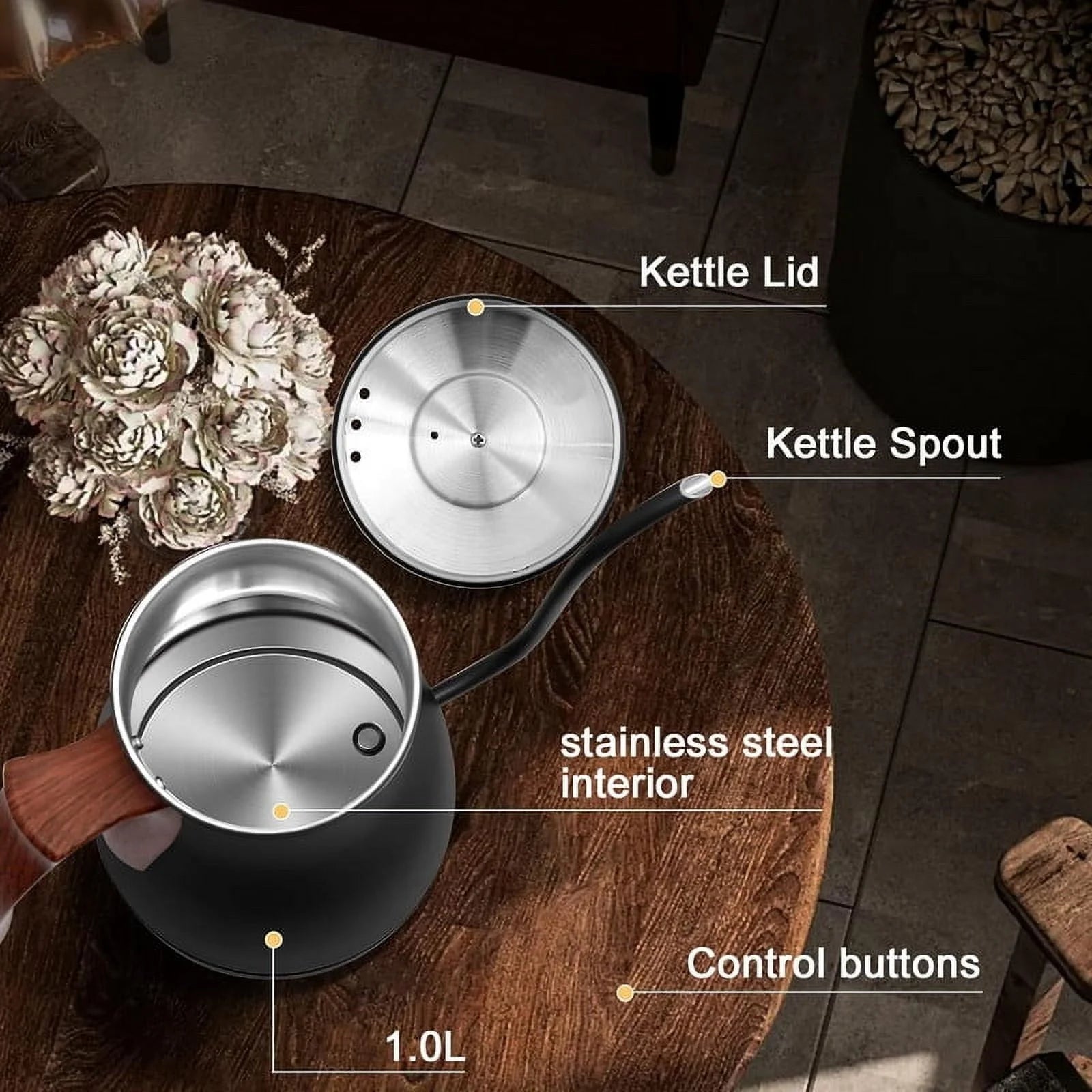 Precision Gooseneck Electric Kettle with ±1℉ Temperature Control - Perfect for Tea & Coffee Brewing, 1200W, 1L Capacity, Four Heating Modes