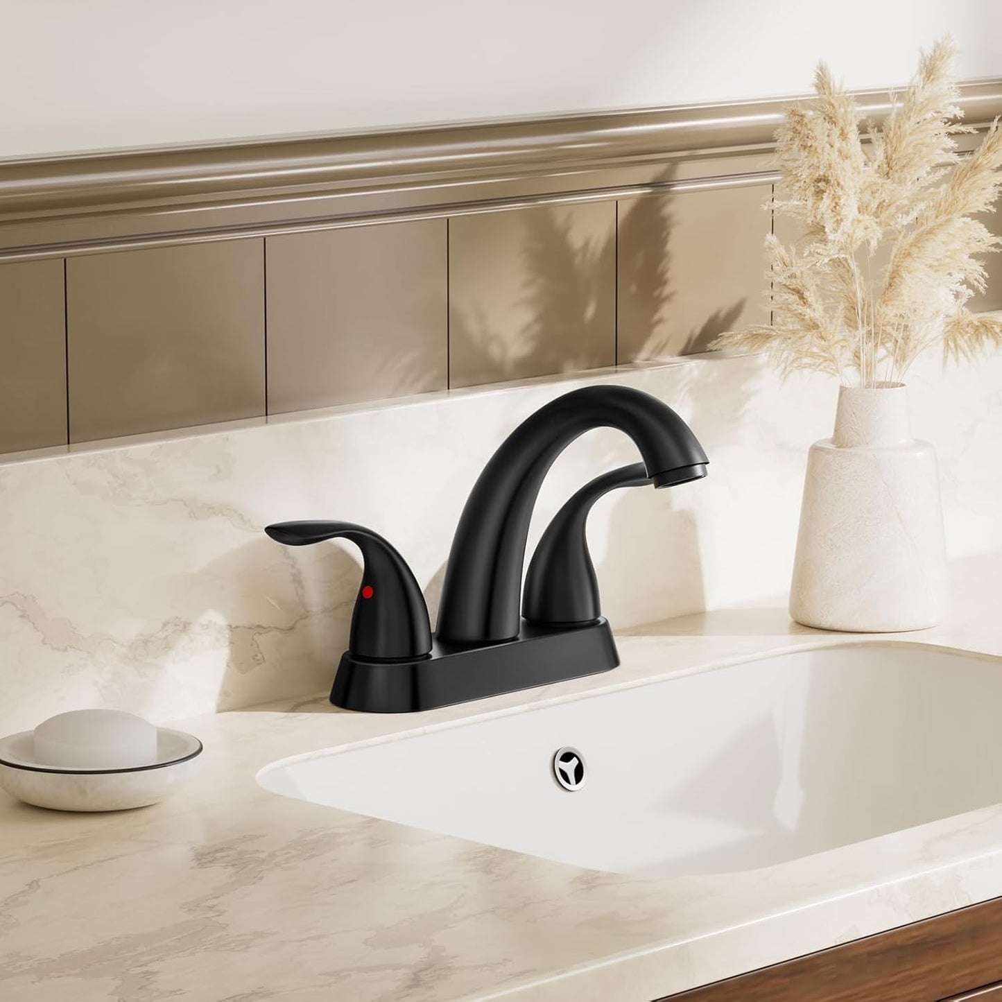 Matte Black Centerset Bathroom Sink Faucet with Copper Pop-Up Drain & Water Supply Lines - 2 or 3 Hole Installation, Lead-Free Design