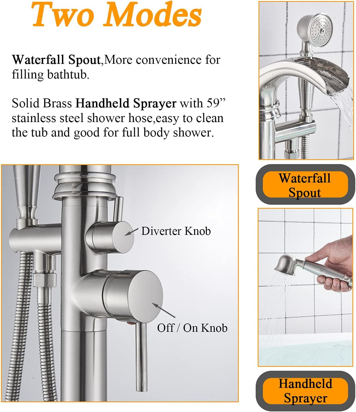 Stylish Freestanding Tub Filler with Waterfall Design & Handheld Sprayer - Stainless Steel Bathtub Faucet Set