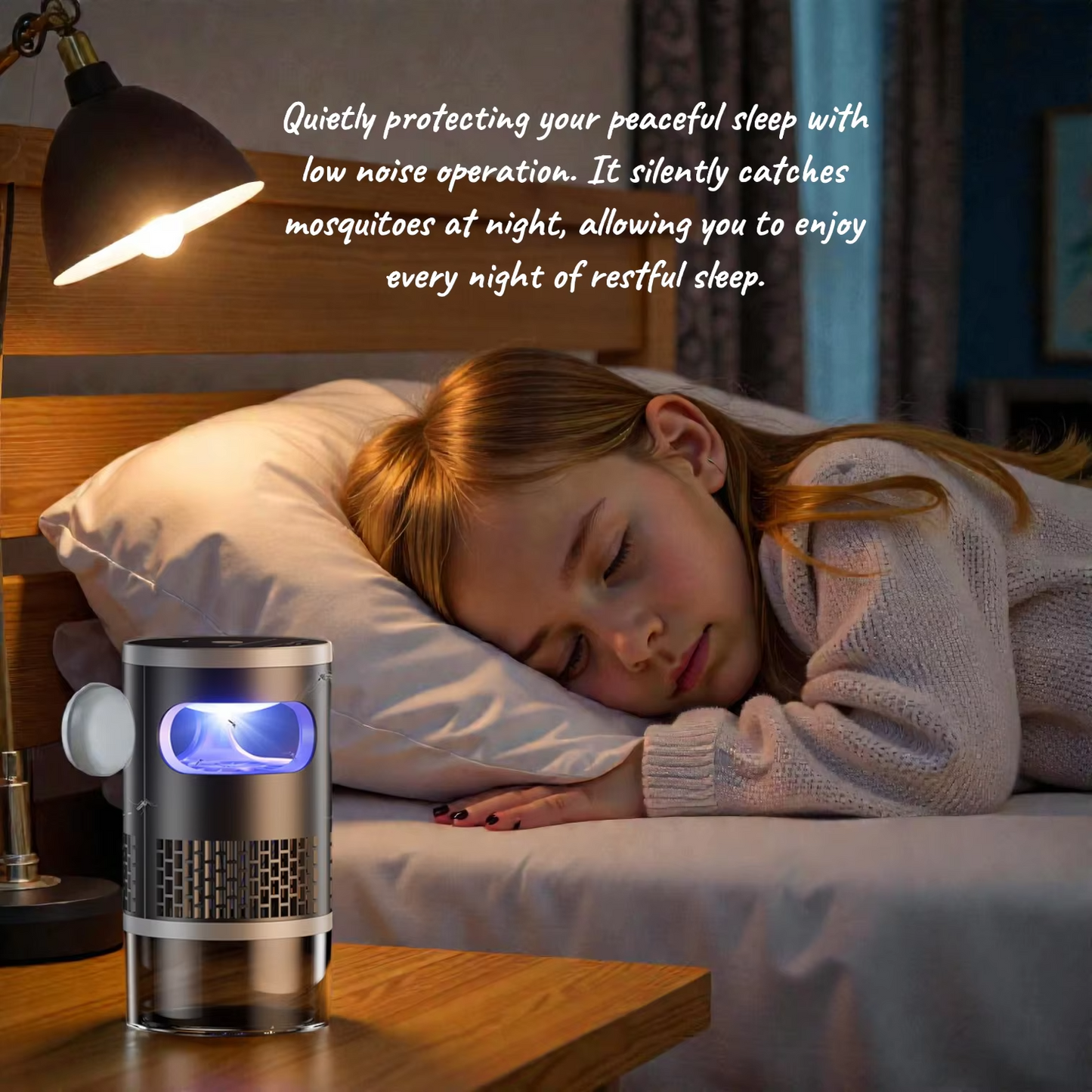 USB rechargeable mosquito killer night light on a bedroom nightstand for quiet, restful sleep