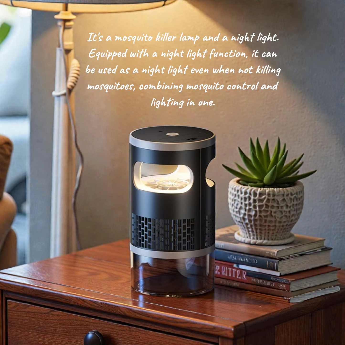 2-in-1 mosquito killer lamp and warm LED night light on a wooden side table with plant and books
