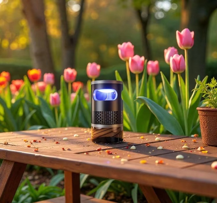 Smart mosquito killer night light glowing on a patio table among tulips at dusk