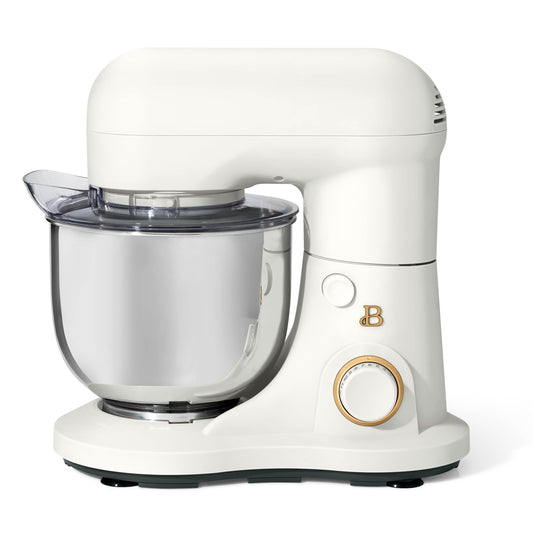 Elegant 3.5 Qt Stand Mixer in White with Essential Attachments: Flat Beater, Dough Hook, and Balloon Whisk