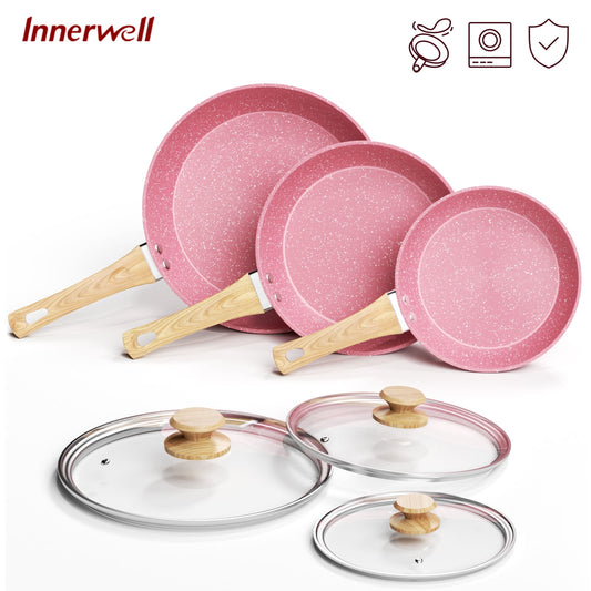 Stylish  6-Piece Nonstick Frying Pan Set in Pink - Includes 8", 9.5", and 11" Pans with Lids