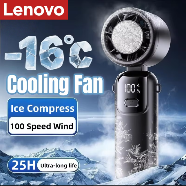 Lenovo Ice Cooling Handheld Fan – 100-Speed Turbo Portable USB Rechargeable Foldable Neck & Desk Fan