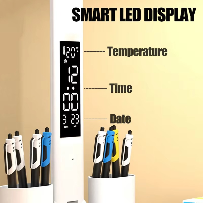 Aurora 4-Head LED Desk Lamp with Digital Clock, Fan & Pen Holder | Foldable Eye-Care Reading Light
