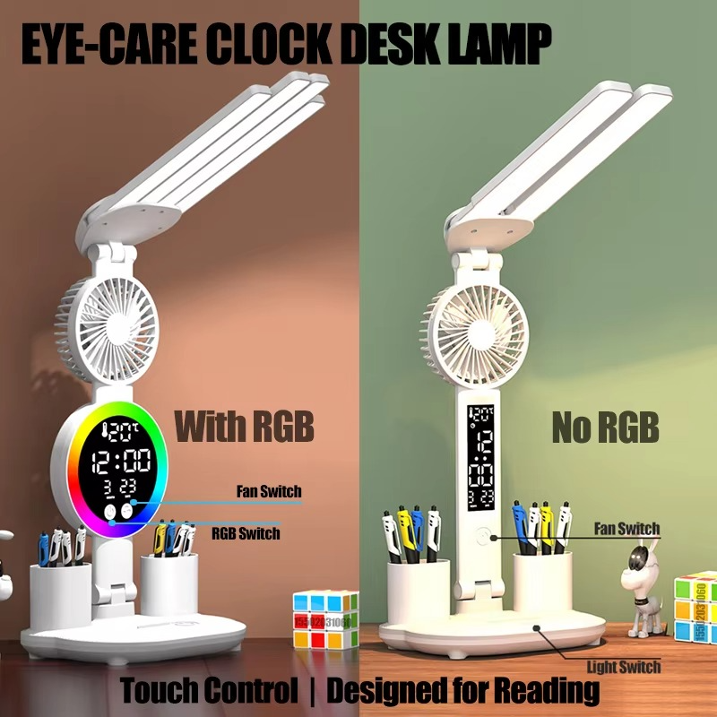 Aurora 4-Head LED Desk Lamp with Digital Clock, Fan & Pen Holder | Foldable Eye-Care Reading Light