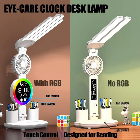 Aurora 4-Head LED Desk Lamp with Digital Clock, Fan & Pen Holder | Foldable Eye-Care Reading Light