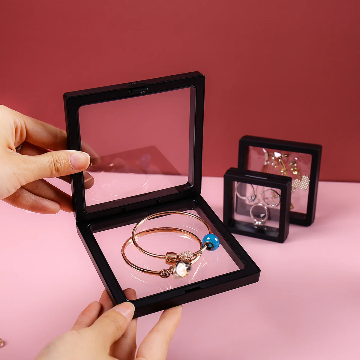 Jewelry & Collectible Display Boxes with Transparent PE Film – Floating Storage Case for Rings, Earrings, Toys, Anime Figures (Black/White)(10Pcs)