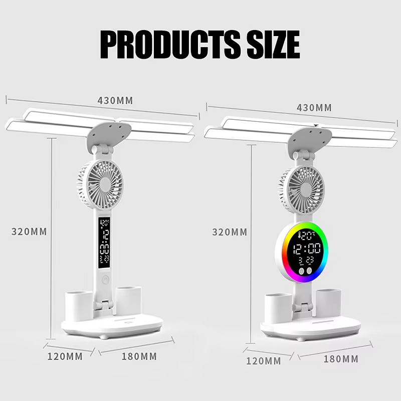 Aurora 4-Head LED Desk Lamp with Digital Clock, Fan & Pen Holder | Foldable Eye-Care Reading Light