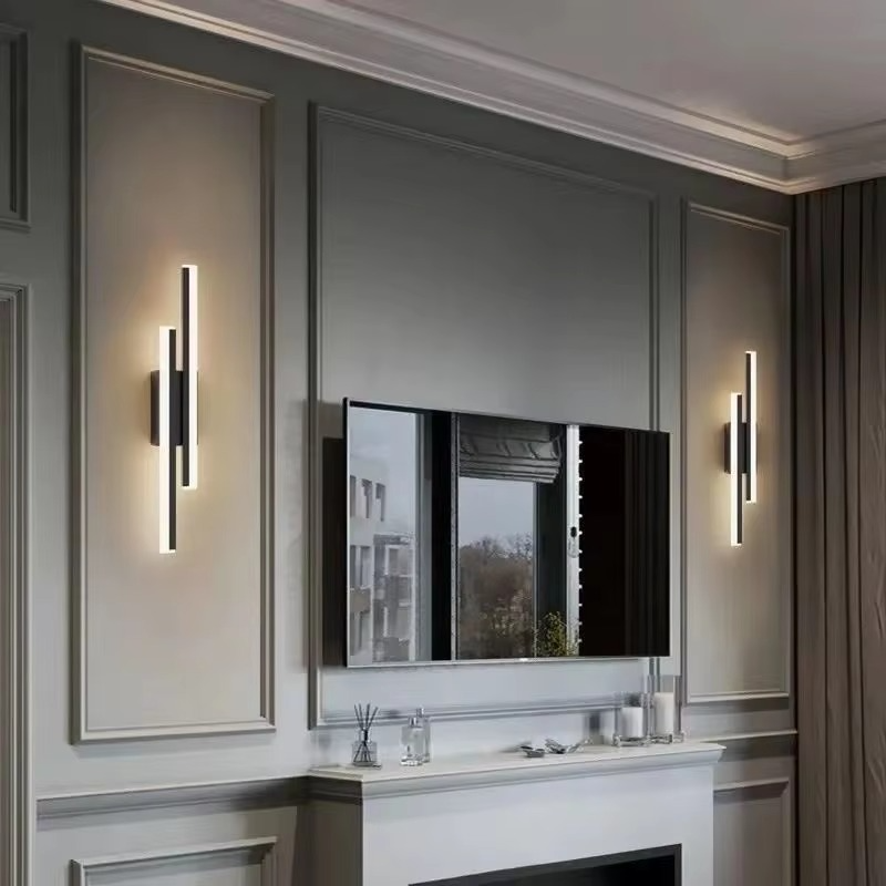 Lumina Linear LED wall sconces flanking a mirror in a modern living room