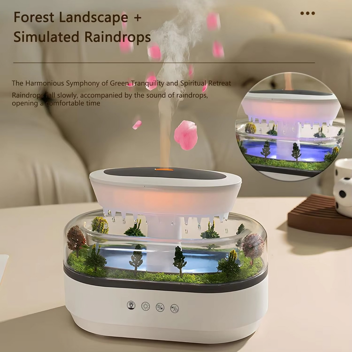 Raindrop Aromatherapy Diffuser — Microlandscape Ultrasonic Humidifier with Ambient Light & White Noise