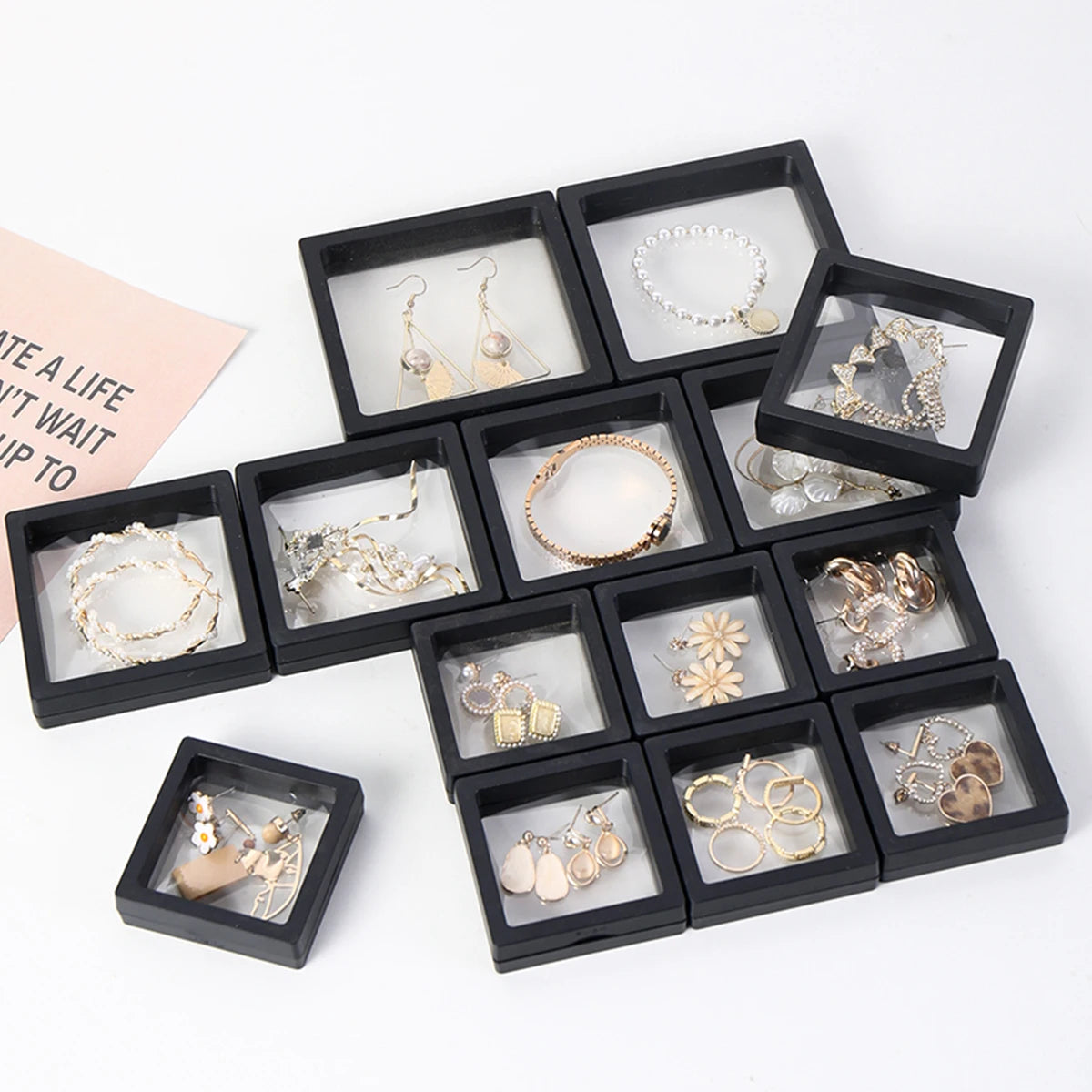 Jewelry & Collectible Display Boxes with Transparent PE Film – Floating Storage Case for Rings, Earrings, Toys, Anime Figures (Black/White)(10Pcs)