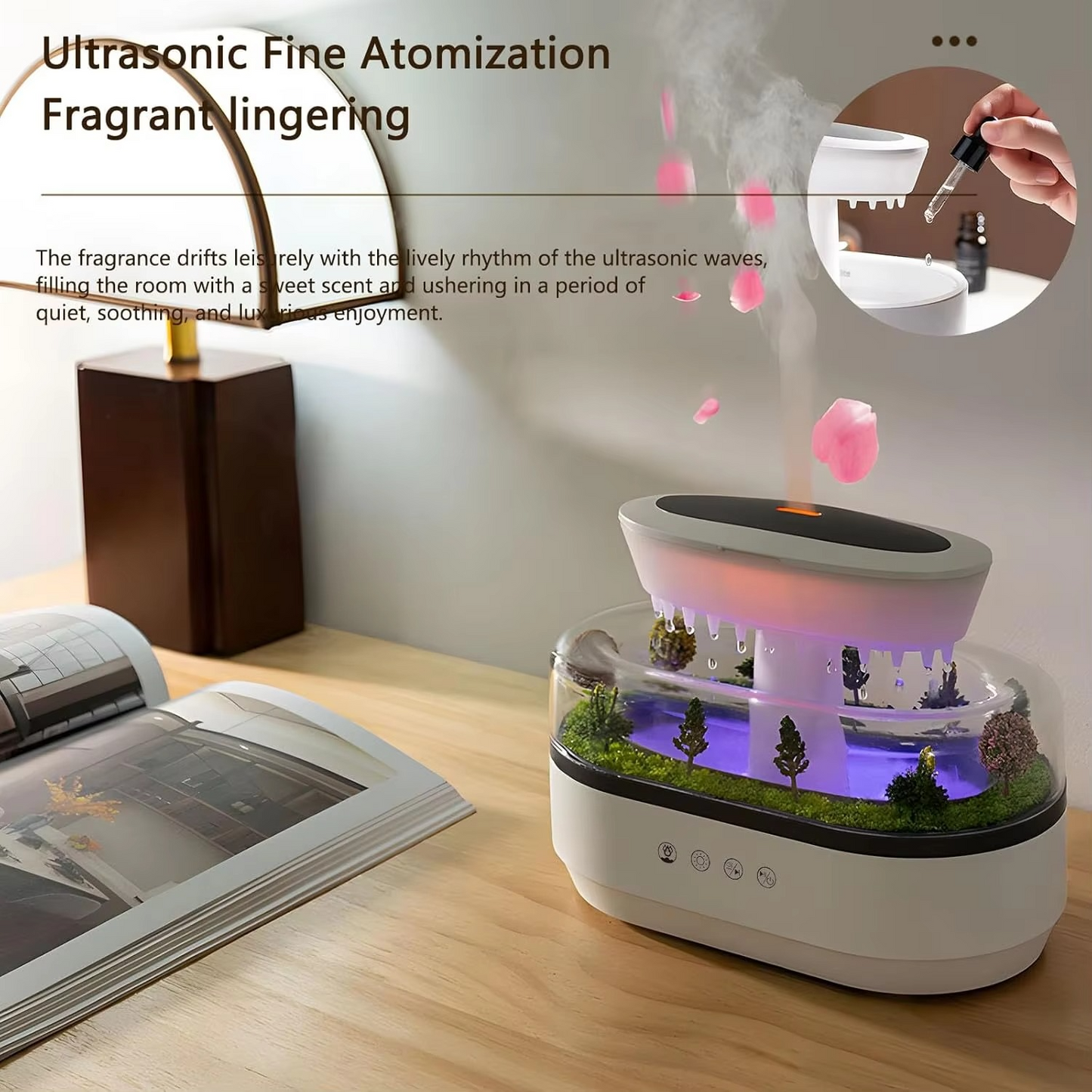 Raindrop Aromatherapy Diffuser — Microlandscape Ultrasonic Humidifier with Ambient Light & White Noise