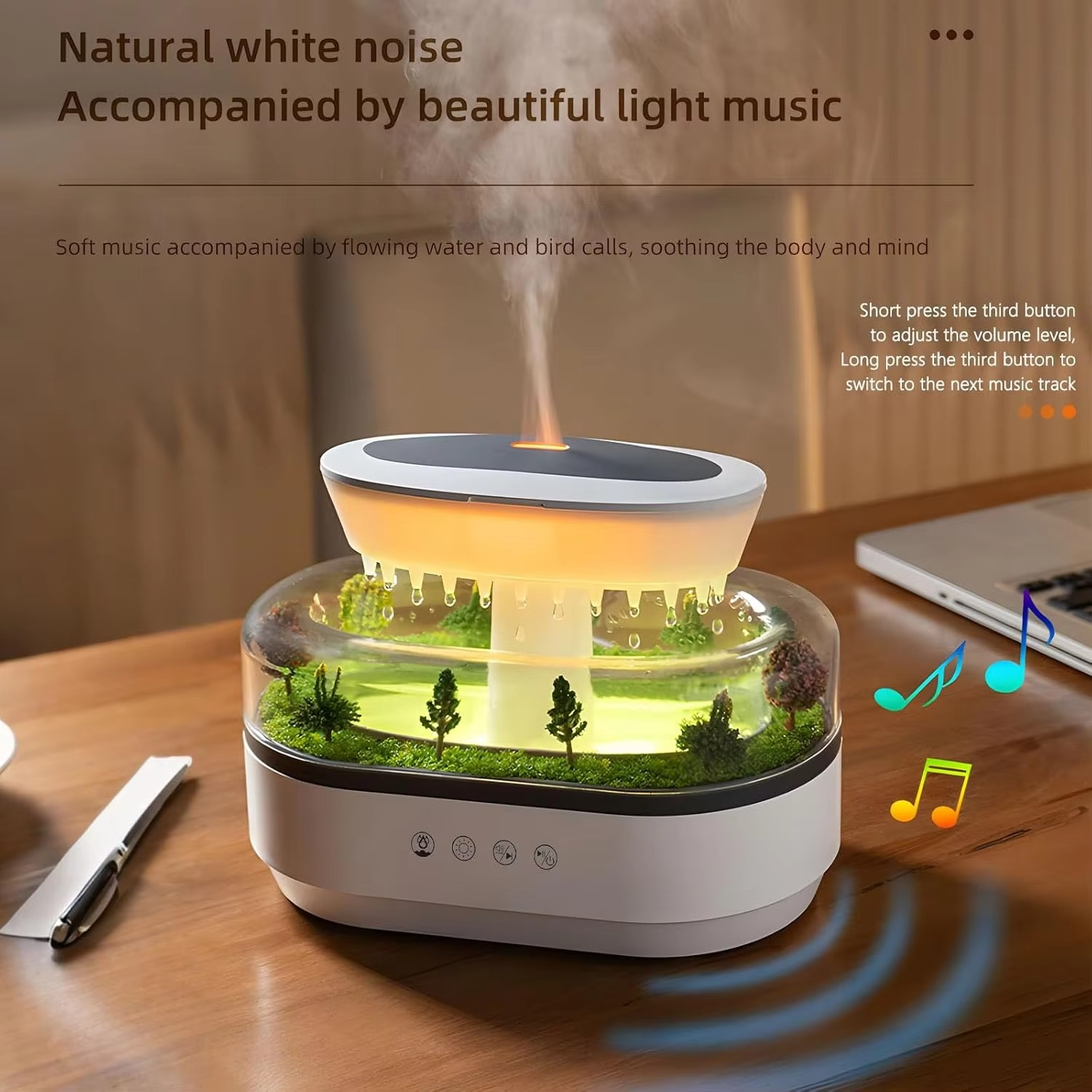CasaLoom raindrop aromatherapy diffuser with ambient light and white noise on a wooden desk