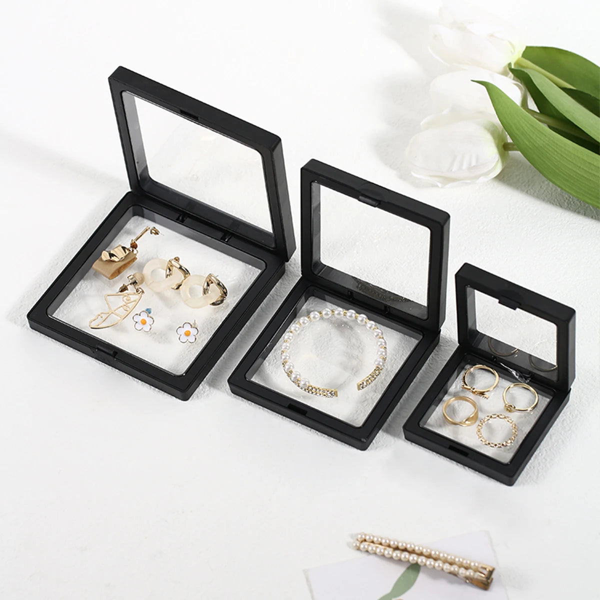 Jewelry & Collectible Display Boxes with Transparent PE Film – Floating Storage Case for Rings, Earrings, Toys, Anime Figures (Black/White)(10Pcs)
