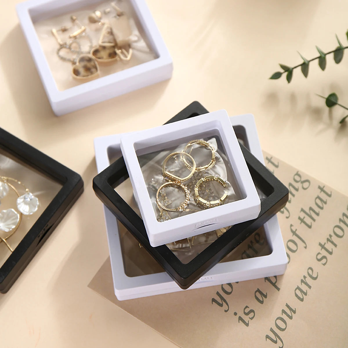 Jewelry & Collectible Display Boxes with Transparent PE Film – Floating Storage Case for Rings, Earrings, Toys, Anime Figures (Black/White)(10Pcs)