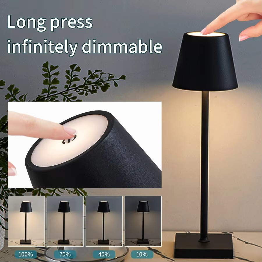Black Lumina lamp showing touch dimming and adjustable brightness levels