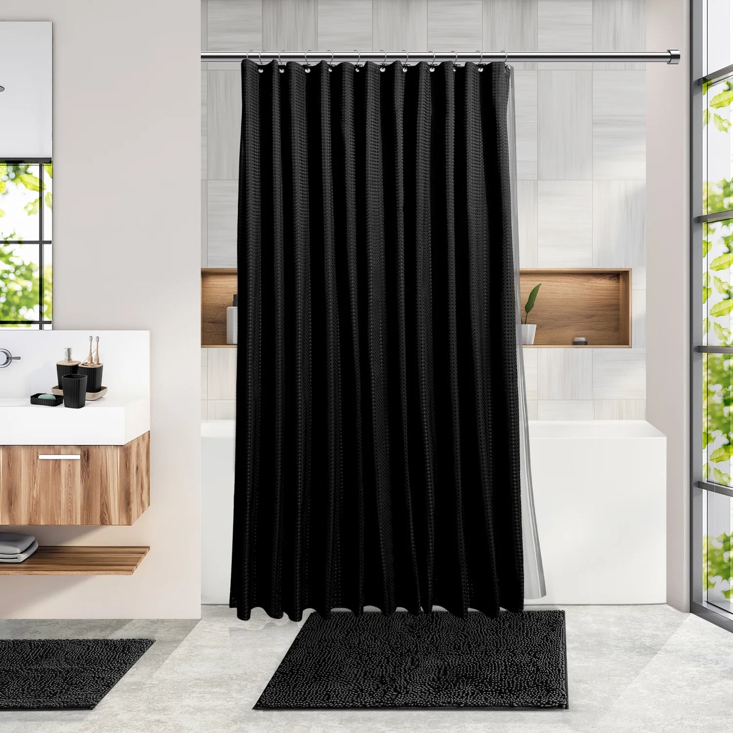 Elevate Your Bathroom with  20-Piece Black Bamboo Accessory Set & Stylish Shower Curtain
