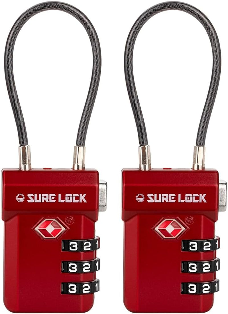 TSA Approved 3-Digit Combination Cable Luggage Locks - Easy-Press Button & Large Dial for Suitcases and Backpacks - Multi-Pack with Color Choices!