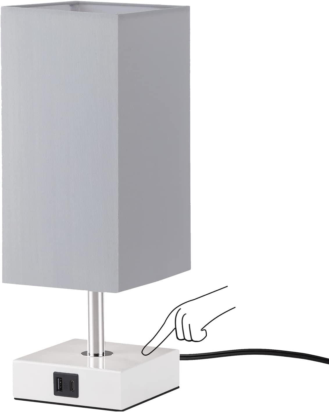 3-Way Touch Table Lamp with USB Ports - Stylish Grey Nightstand & Desk Lamp, LED Bulb Included