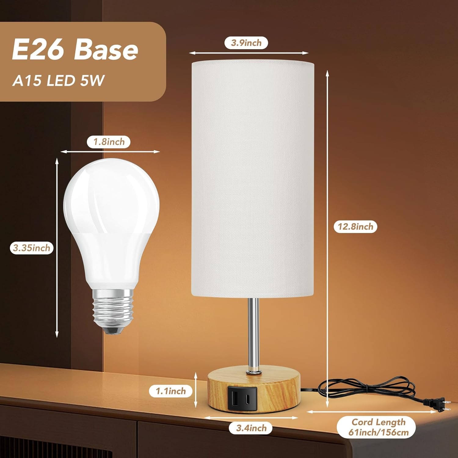 12.8" Touch Control Table Lamp - 3-Way Dimmable Nightstand Lamp with 2 USB Ports & 5000K LED Bulb (2 Pack) - Perfect for Modern Living Rooms!