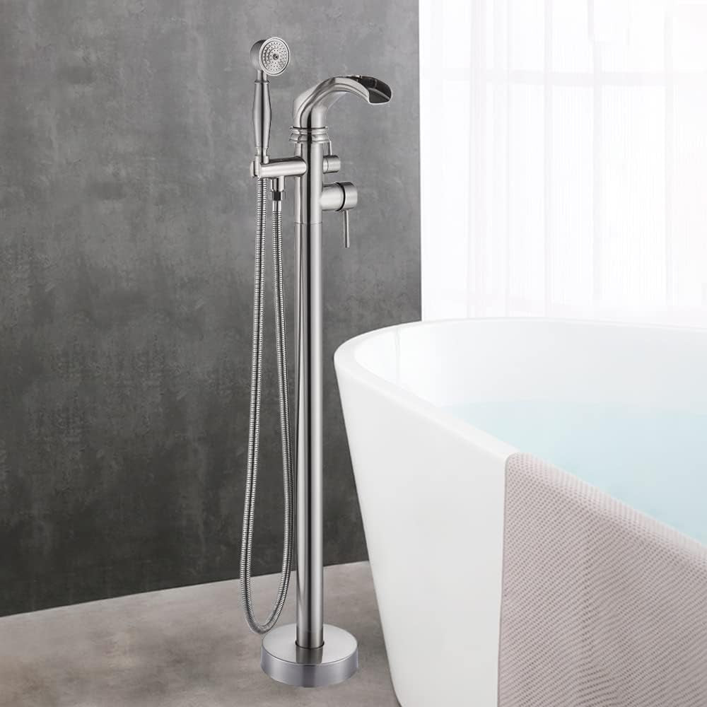 Stylish Freestanding Tub Filler with Waterfall Design & Handheld Sprayer - Stainless Steel Bathtub Faucet Set