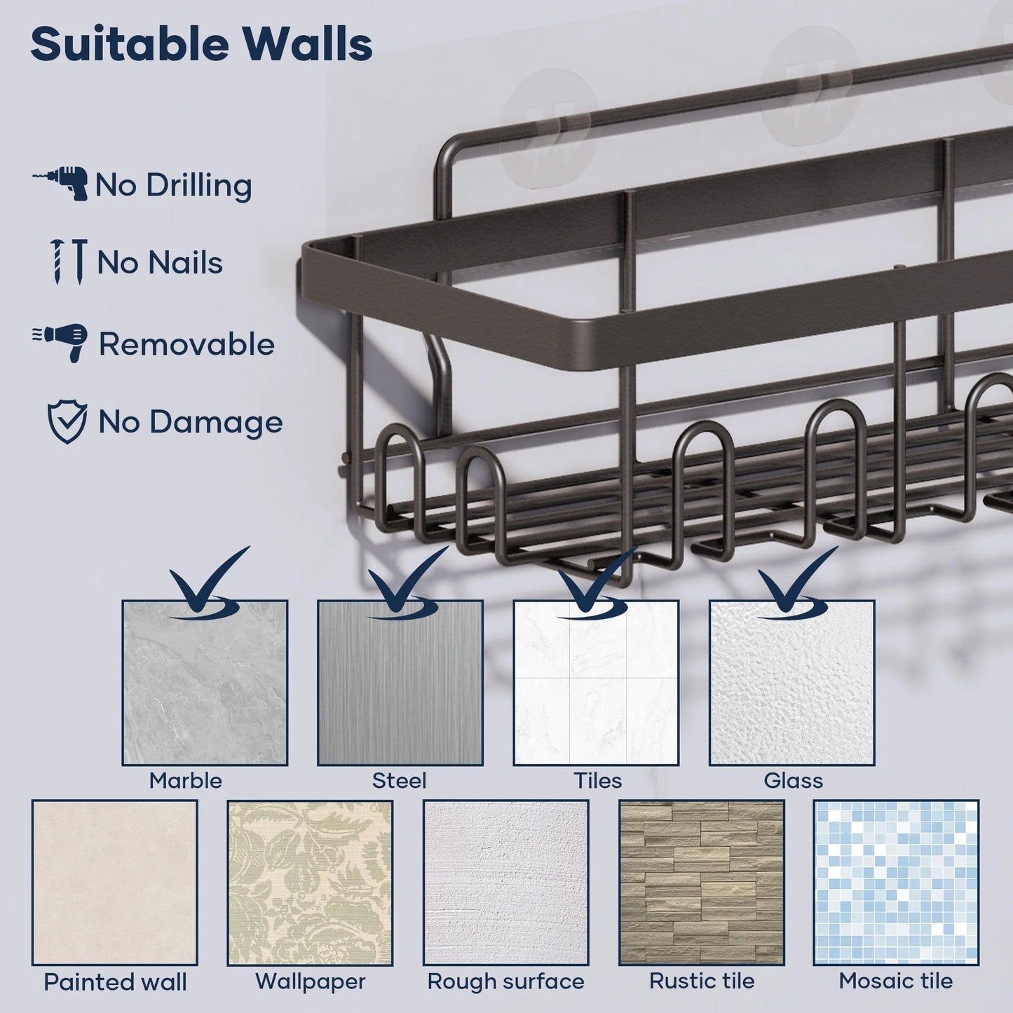 6-Pack Adhesive Shower Caddy - No-Drill Wall Mounted Organizer with Soap Holder, Large Capacity for Bathroom & Kitchen Storage - Sleek Black Design