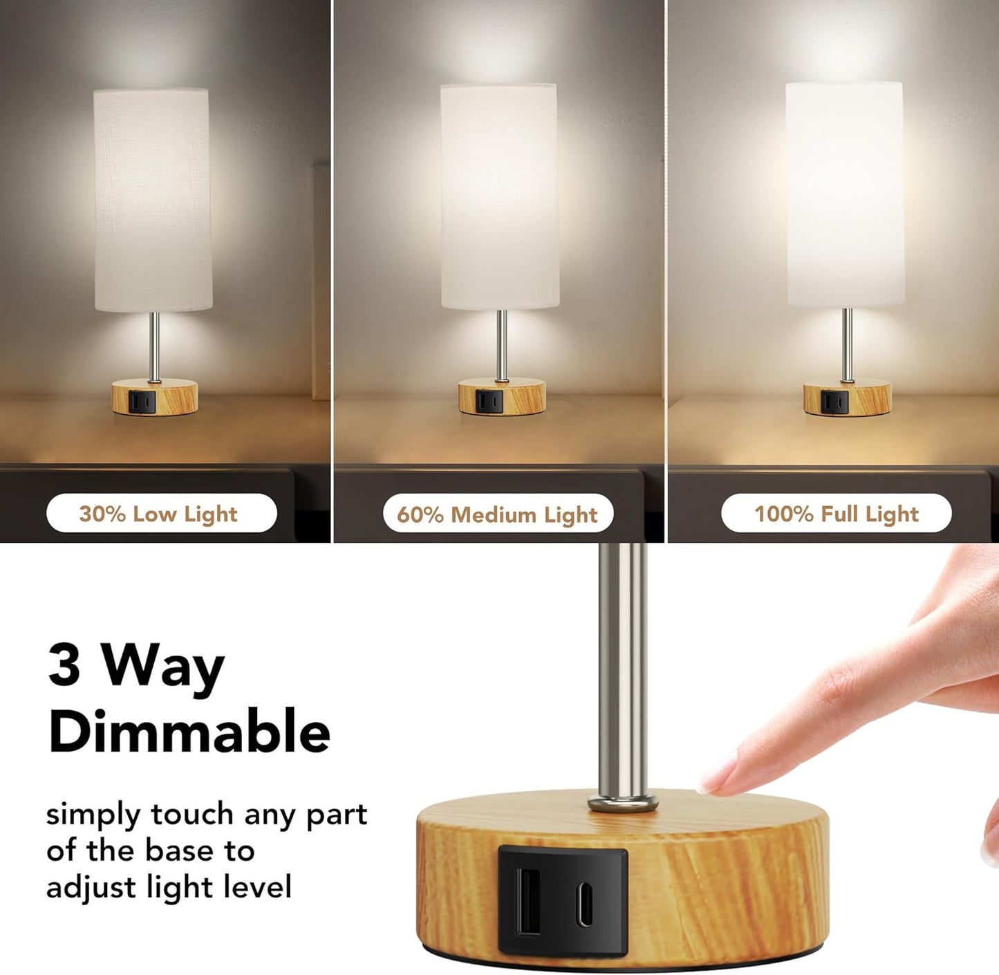 12.8" Touch Control Table Lamp - 3-Way Dimmable Nightstand Lamp with 2 USB Ports & 5000K LED Bulb (2 Pack) - Perfect for Modern Living Rooms!
