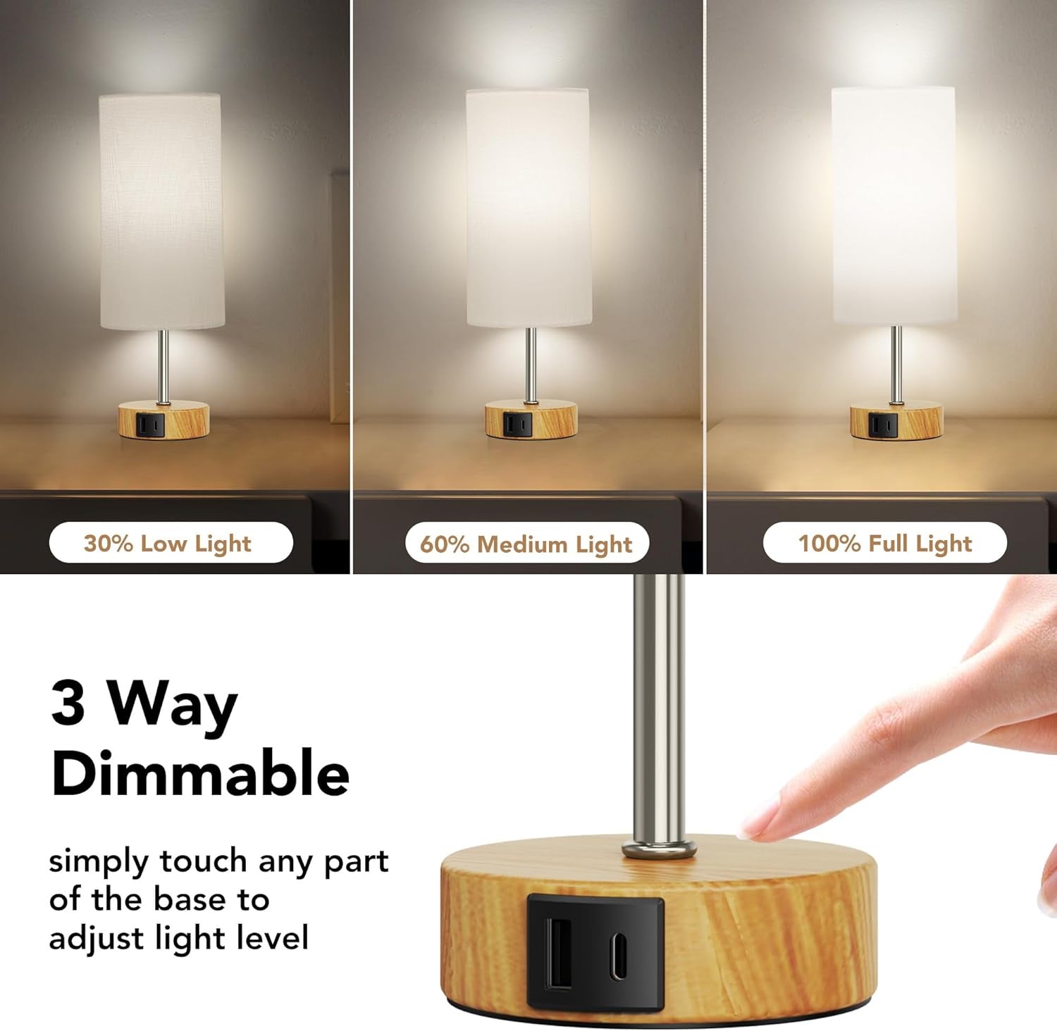 12.8" Touch Control Table Lamp - 3-Way Dimmable Nightstand Lamp with 2 USB Ports & 5000K LED Bulb (2 Pack) - Perfect for Modern Living Rooms!