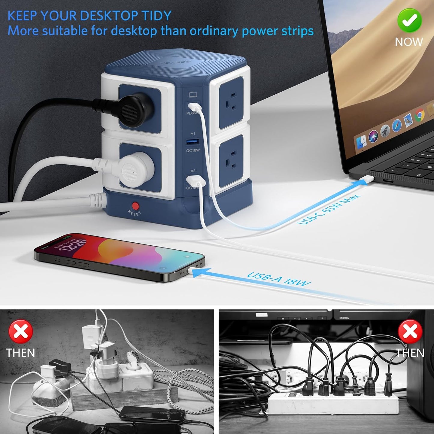 65W Power Strip Tower - 8 Outlets & 2 USB Ports, Surge Protector with 4.9Ft Heavy-Duty Cord for Home Office Charging