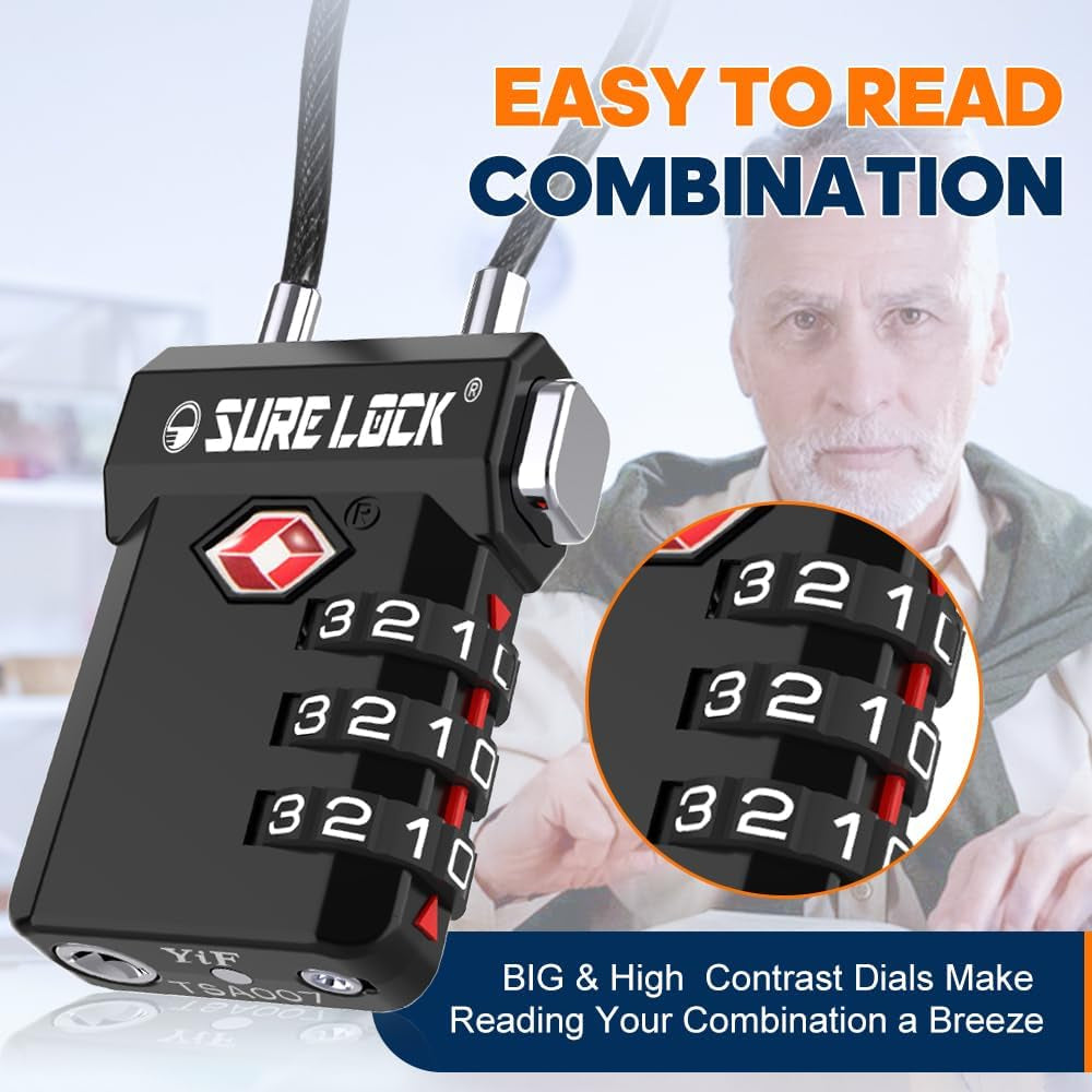 TSA Approved 3-Digit Combination Cable Luggage Locks - Easy-Press Button & Large Dial for Suitcases and Backpacks - Multi-Pack with Color Choices!