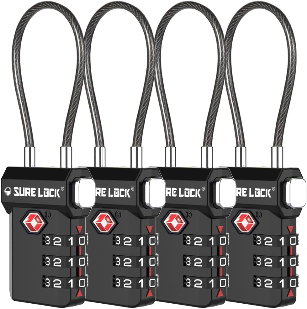 TSA Approved 3-Digit Combination Cable Luggage Locks - Easy-Press Button & Large Dial for Suitcases and Backpacks - Multi-Pack with Color Choices!