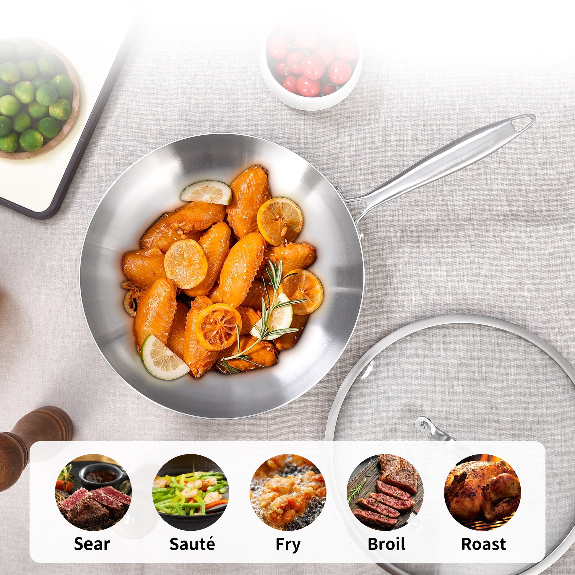 Premium  12-Inch Stainless Steel Frying Pan with Lid - Induction Compatible, Dishwasher & Oven Safe, Detachable Handle