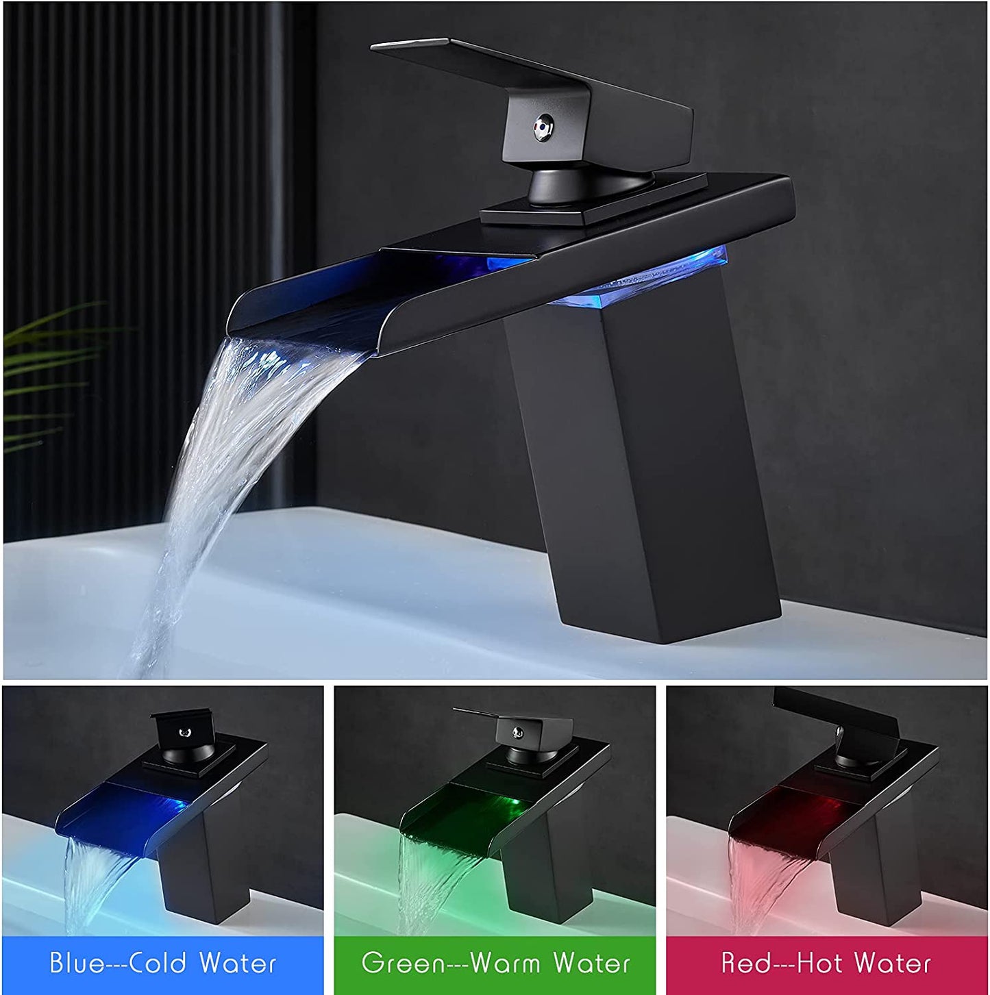 Multicolor LED Waterfall Faucet for Bathroom Sink - Stylish Hot & Cold Mixer Tap in Black