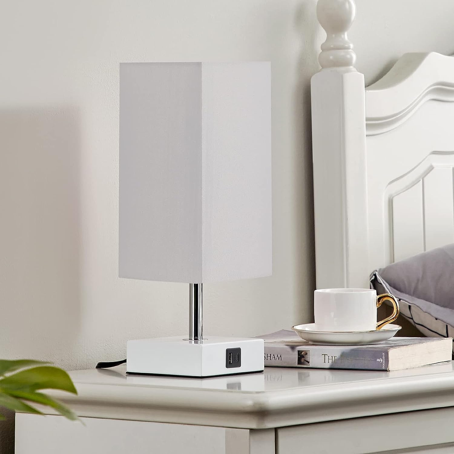 3-Way Touch Table Lamp with USB Ports - Stylish Grey Nightstand & Desk Lamp, LED Bulb Included